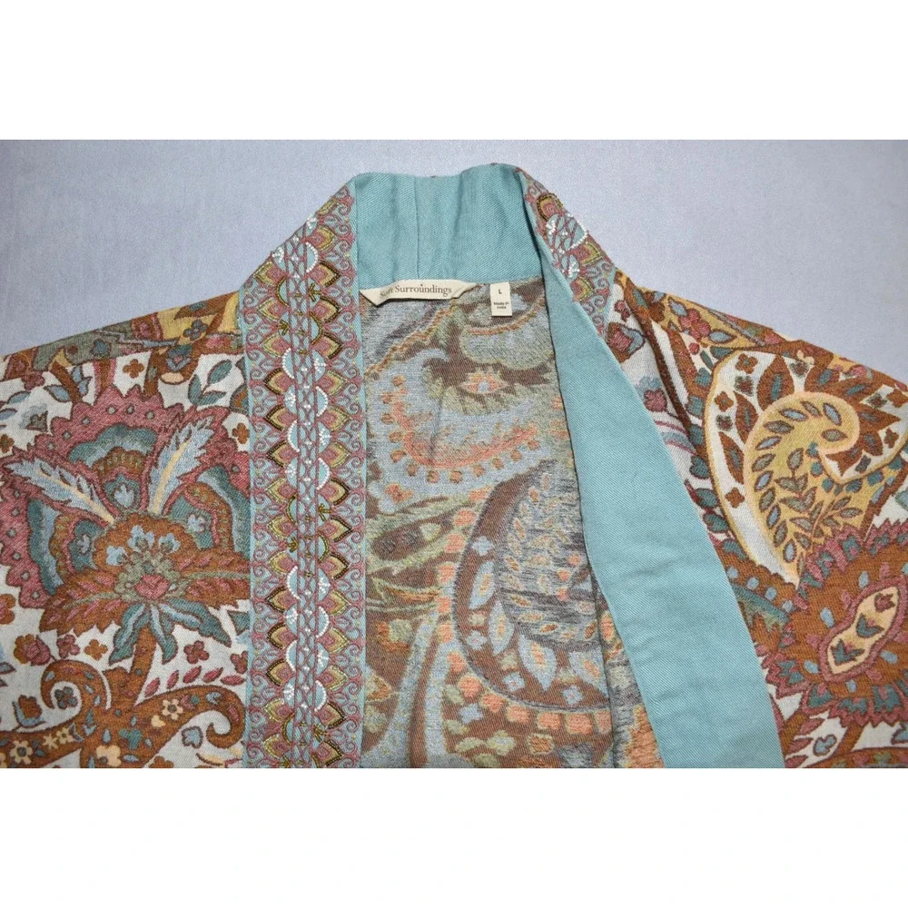 A5 NEW SOFT SURROUNDINGS Paisley Open Front Embroidered Trim Cardigan Size L